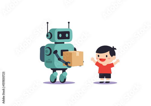 A friendly robot delivers a box to a happy child. Bright, cheerful illustration. Perfect for kids' products or technology themes.