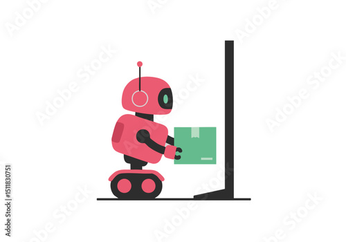 A friendly robot delivers a package through a doorway. Modern, flat design illustration. Ideal for tech, delivery, and automation concepts.