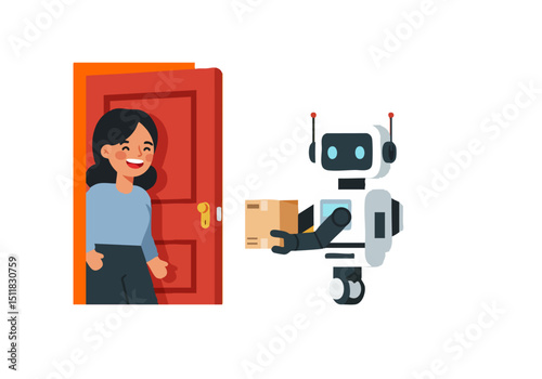 A friendly robot delivers a package to a smiling woman at her door. Modern illustration, cheerful delivery, and a bright, welcoming scene.