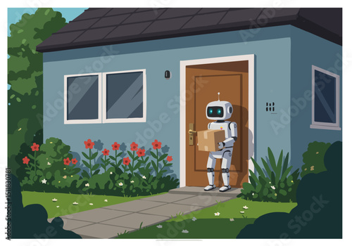 A friendly robot delivers a package to a charming house with a flower garden. Bright, inviting, and perfect for illustrating delivery services or technology.