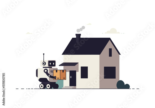 A friendly robot delivers a package to a modern house. Clean lines, flat design, and a minimalist aesthetic create a visually appealing delivery scene. Perfect for tech and logistics themes.