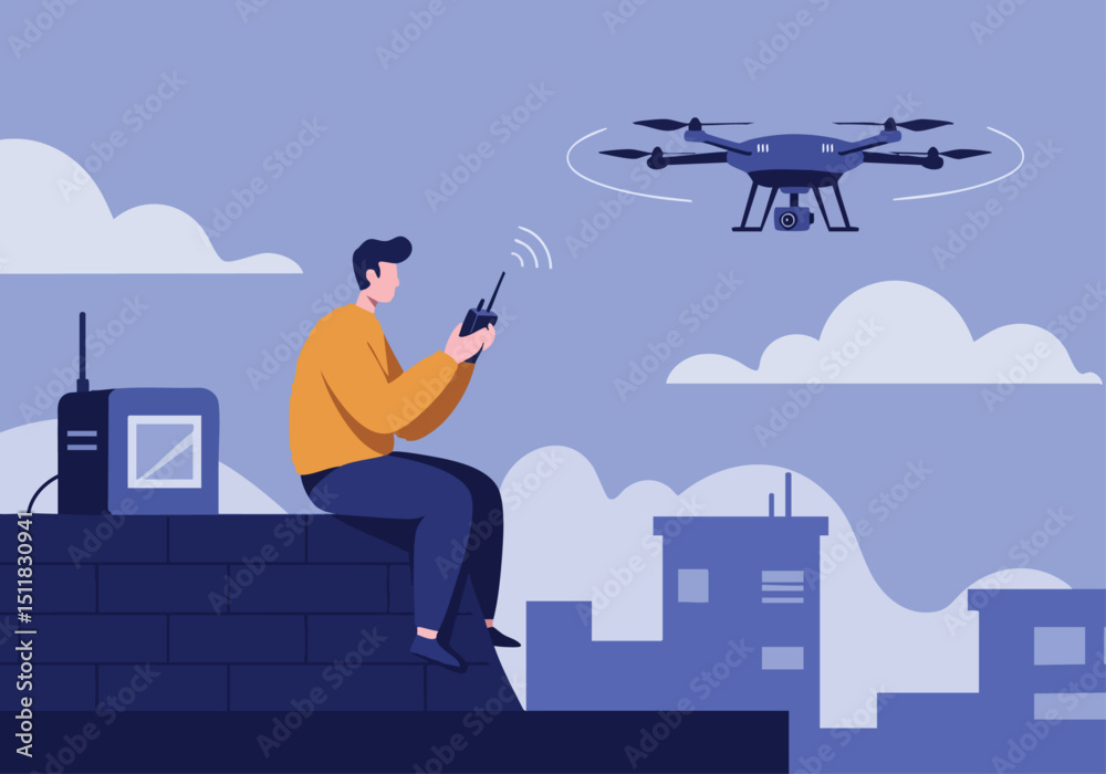 Naklejka premium A man controls a drone outdoors, showcasing modern technology and aerial views. Clean, graphic style, ideal for business and tech visuals.