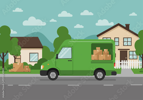 A green delivery van delivers boxes to a suburban home. A modern, flat illustration depicts a peaceful residential scene. Ideal for tech, delivery, and suburban themes.