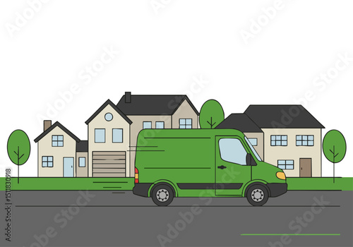 A green delivery van approaches a suburban street lined with houses. Simple, flat design illustration for home delivery services. Modern, clean aesthetic.