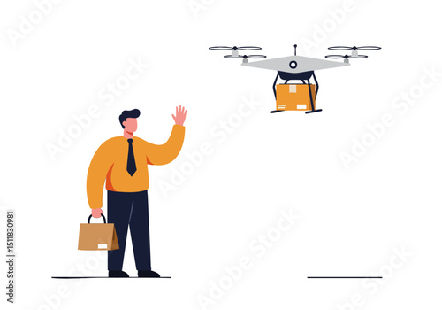 A man greets a delivery drone carrying a package. Modern illustration depicting package arrival. Clean, bright, and professional.