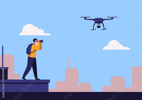 A man observes a drone over a cityscape. A professional uses binoculars, capturing a dynamic aerial view. Modern, illustrative style.