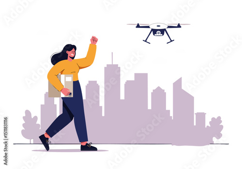 A woman celebrates a delivery success with a drone overhead in a city setting. Vibrant colors and a modern style convey efficiency and achievement.