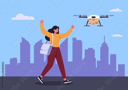 A woman celebrates a successful drone delivery in a vibrant city. Dynamic composition, modern style, and a feeling of achievement. Perfect for business and technology visuals.