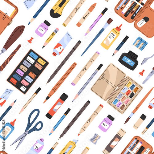 Endless background of different creativity stationery, art supplies. Repeatable pattern of drawing and painting tools: pencils, watercolour paints, crayons, chalks. Flat seamless vector illustration
