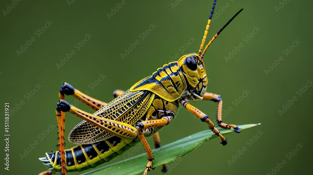 Macro shot of a colorful grasshopper sitting on a green leaf.