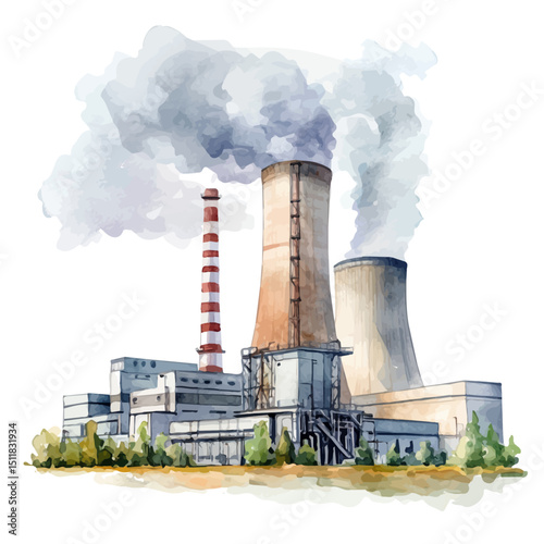 Thermal Energy Plant, watercolor painting vector, high quality, isolated on a white background.