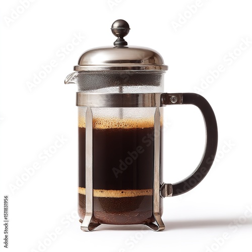 French press coffee maker brewing dark roast coffee for a delicious morning beverage on white background