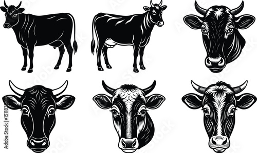 black Set of vector black silhouettes of bull icon isolated a white background, 
