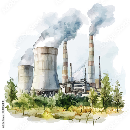 Thermal Energy Plant, watercolor illustration vector, high quality, isolated on a white background.