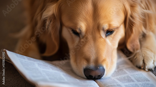 Close-up Gloden Retriever reading the newspaper