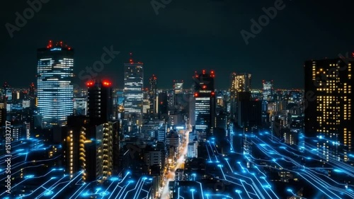 Wallpaper Mural Night cityscape with glowing circuit board overlay, suggesting technological integration Torontodigital.ca