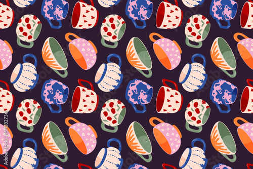 Seamless pattern with colorful teacup and mug on a dark background in flat style. Perfect for kitchen decor, fabric design and or print.