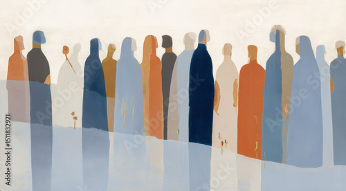 Minimalist Formation of Diverse Figures in Earthy Tones Against Soft-Hued Backdrop	