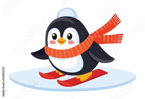 Penguin Skiing with Red Scarf