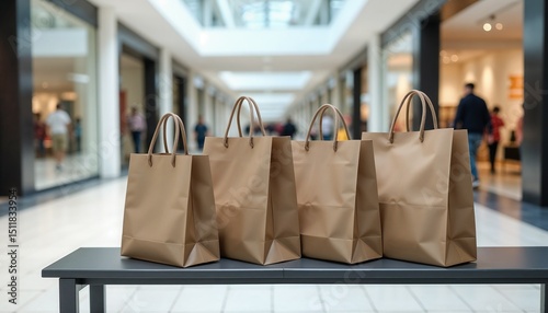 Mockup. Kraft paper shopping bags in outlet lined up, retail shopping in mall, sale.