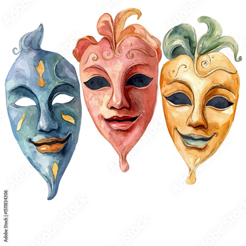 Theater Masks, watercolor vector, high quality, isolated on a white background.