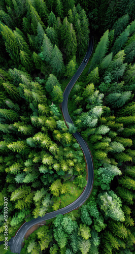 Aerial view of a winding road cutting through a dense, vibrant green forest, creating a striking contrast between nature and man made infrastructure