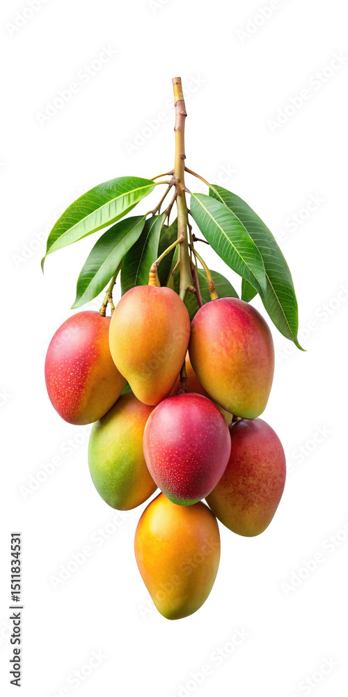 Obraz premium Bunch of fresh, ripe mangoes on a branch against a white background