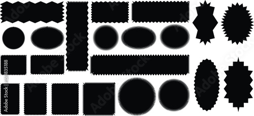 Black silhouette scalloped frames. Geometric shapes stickers with zigzag wavy edge. Set of frames with zigzag edge, scallop edge shapes.Scallop Frame Wavy Retro Stickers Collection. Zig Zag Edge Geome