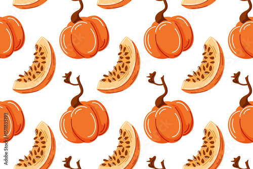 Seamless pattern with pumpkin and slice in cartoon. Cute fall background design for Thanksgiving day, Halloween, autumn kitchen wallpaper, package, wrapping paper.