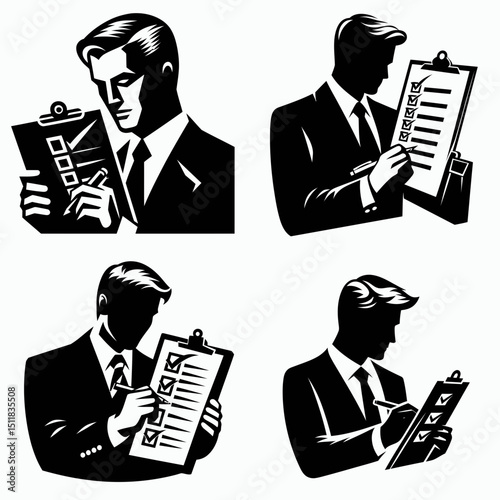 Businessman writing checklist. Business Finance Corporate Office Success Entrepreneur Clipart Line Art Vector Illustration. Executive drafting agenda crucial actions planning protocol for.