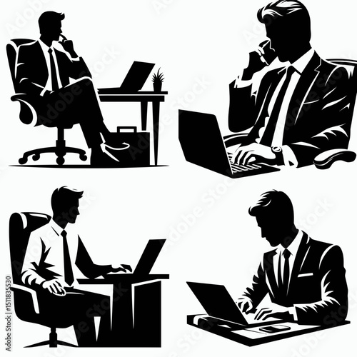 Businessman working remotely. Business Finance Corporate Office Success Entrepreneur Clipart Line Art Vector Illustration. Executive operating distant digital nomad at work location.