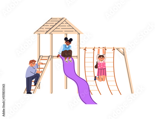 Happy children are climbing, sliding on playground in park. Cute kids have fun outdoors. Little boys and girls play in kindergarten, school yard. Flat isolated vector illustration on white background