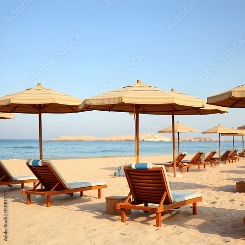 Egypt - beach chairs and umbrellas in traditional style on a beach in soma bay