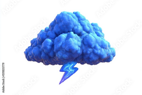 Bright blue thundercloud fills the center, showcasing distinct fluffy formations with shades of blue. A vivid lightning bolt strikes downward from the base, adding energy and drama to the scene.