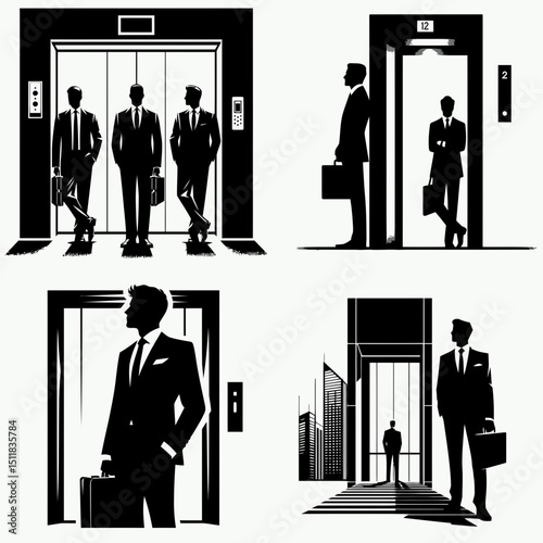 Businessman waiting elevator. Business Finance Corporate Office Success Entrepreneur Clipart Line Art Vector Illustration. Executive anticipating lift ascent at workplace professional.