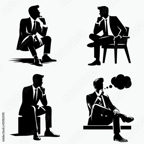 Businessman sitting thinking. Business Finance Corporate Office Success Entrepreneur Clipart Line Art Vector Illustration. male pondering alone contemplating strategy future concept.