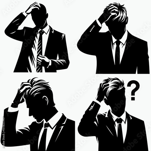 Businessman scratching head. Business Finance Corporate Office Success Entrepreneur Clipart Line Art Vector Illustration. Executive pondering dilemma touching cranium – concept.