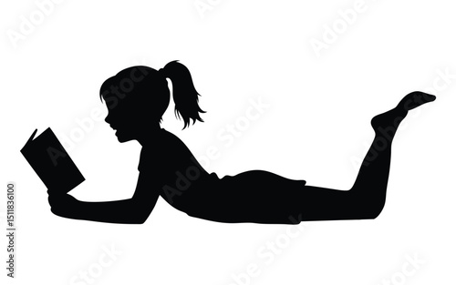 Young girl lying and reading a book vector silhouette