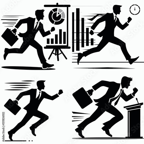 Businessman running presentation. Business Finance Corporate Office Success Entrepreneur Clipart Line Art Vector Illustration. leader delivering address a professional speaking engagement.