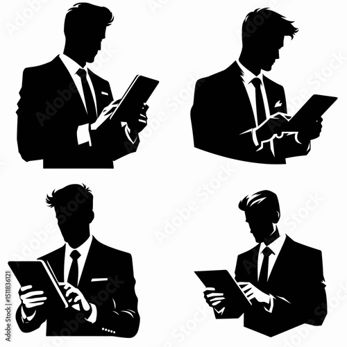 Businessman reading tablet. Business Finance Corporate Office Success Entrepreneur Clipart Line Art Vector Illustration. individual studying electronic gadget digital age professional.