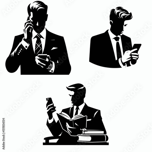 Businessman reading phone. Business Finance Corporate Office Success Entrepreneur Clipart Line Art Vector Illustration. Executive viewing cellular communication instrument for job updates.