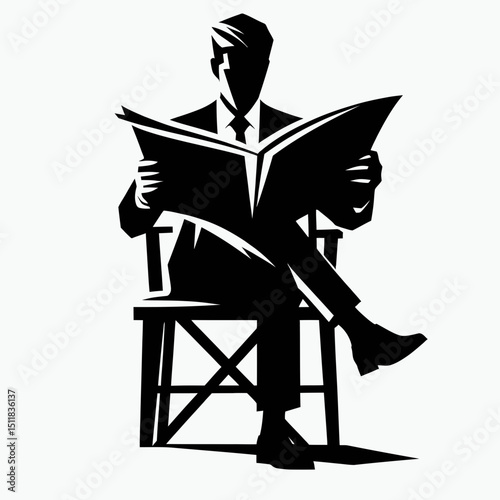 Businessman reading newspaper. Business Finance Corporate Office Success Entrepreneur Clipart Line Art Vector Illustration. Male executive absorbing daily report financial concept.