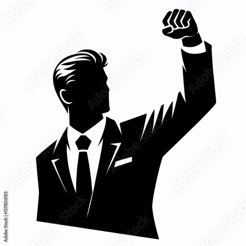 Businessman raising fist. Business Finance Corporate Office Success Entrepreneur Clipart Line Art Vector Illustration. Male executive boosting arm victory gesture leadership concept.
