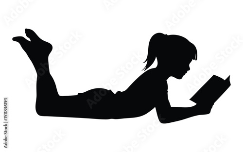 Young girl lying and reading a book vector silhouette