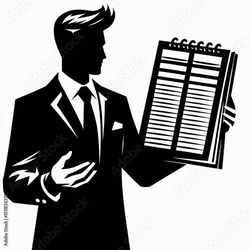 Businessman presenting schedule. Business Finance Corporate Office Success Entrepreneur Clipart Line Art Vector Illustration. Executive outlining a project timeline agenda announcement.