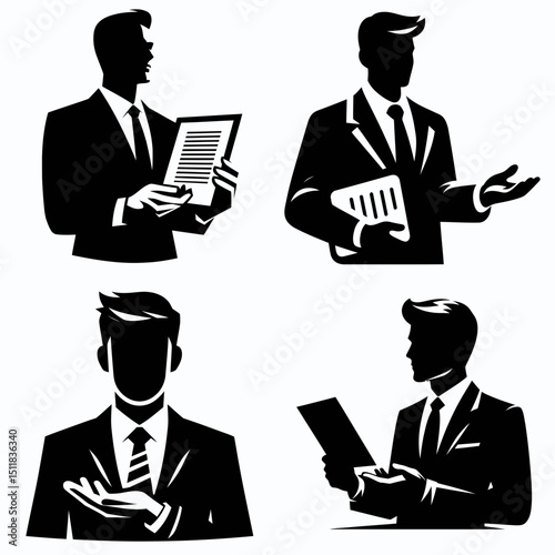 Businessman presenting proposal. Business Finance Corporate Office Success Entrepreneur Clipart Line Art Vector Illustration. Executive delivering idea outline professional pitching.