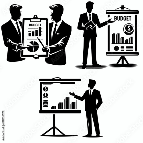 Businessman presenting budget. Business Finance Corporate Office Success Entrepreneur Clipart Line Art Vector Illustration. Male executive delivering fiscal plan economic overview.