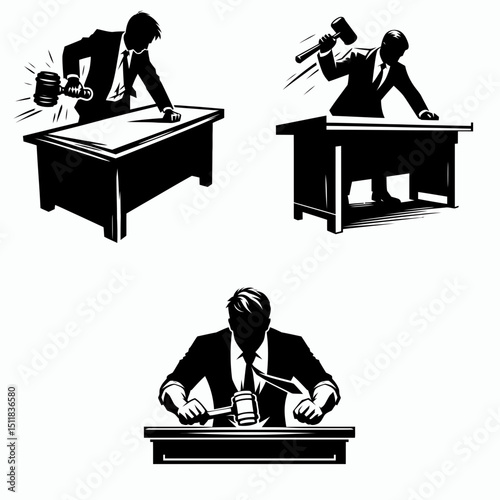 Businessman pounding desk. Business Finance Corporate Office Success Entrepreneur Clipart Line Art Vector Illustration. Executive slamming workstation surface management frustration career.