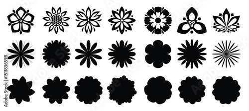 Black flower icons collection. Set of black abstract flower logo. Vector flower elements collection