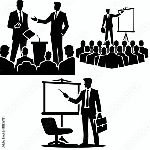 Businessman leading presentation. Business Finance Corporate Office Success Entrepreneur Clipart Line Art Vector Illustration. Executive guiding discourse conveying concept toward vision.